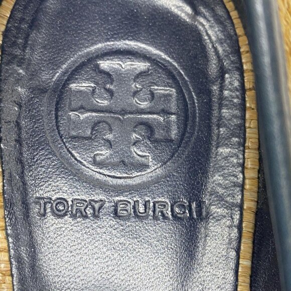 Tory Burch Raffia Ballet Flats – Navy Trim & Gold Logo Size 9 - Picture 2 of 6